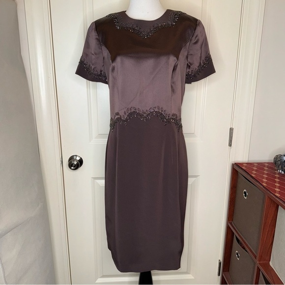 Vintage Oleg Cassini Black Tie Brown Satin Beaded Short Sleeve Dress Sz 12 - Picture 17 of 17